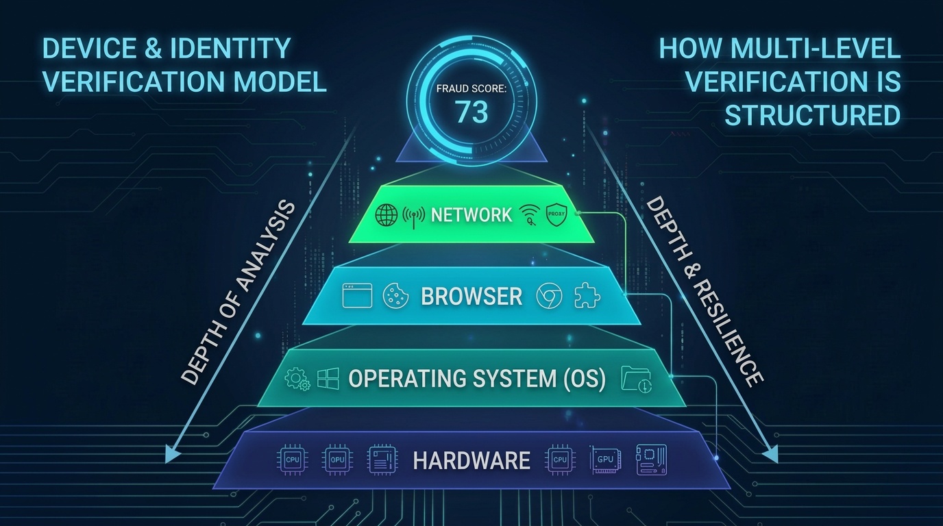 Anti-fraud analysis pyramid: Hardware - OS - Browser - Network - Fraud Score