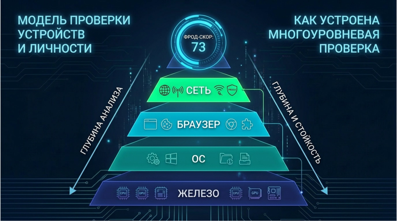 Пирамида уровней антифрод-проверки: Hardware → OS → Browser → Network → Fraud Score
