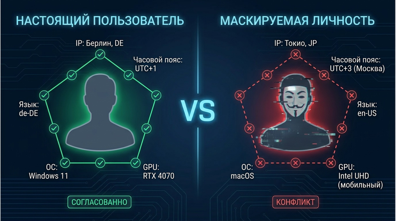 Реальный пользователь vs маскировка — сравнение согласованности параметров