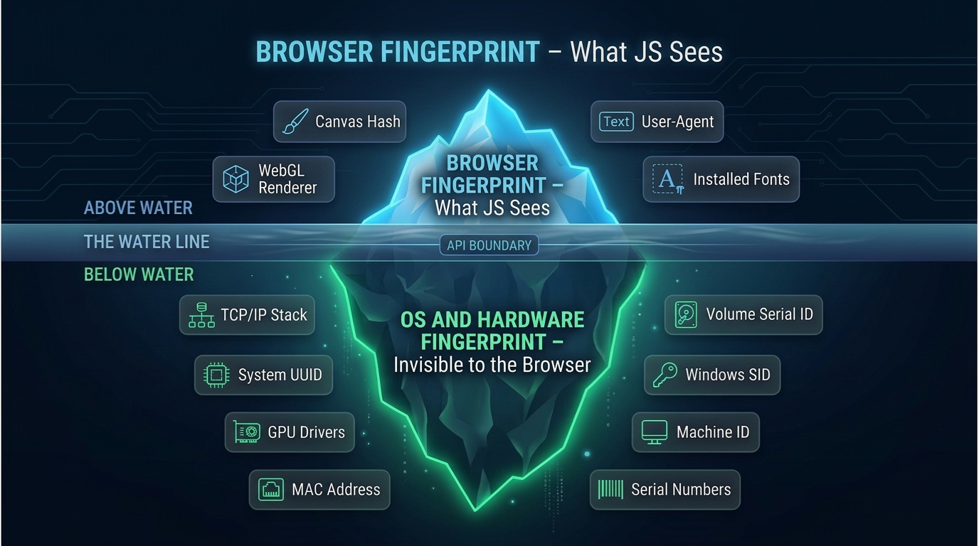 Iceberg: visible browser fingerprint vs hidden OS-level fingerprint