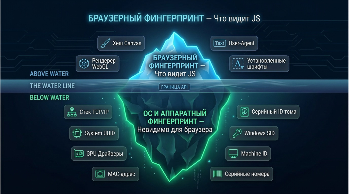 Айсберг: видимый browser fingerprint vs скрытый OS-level fingerprint