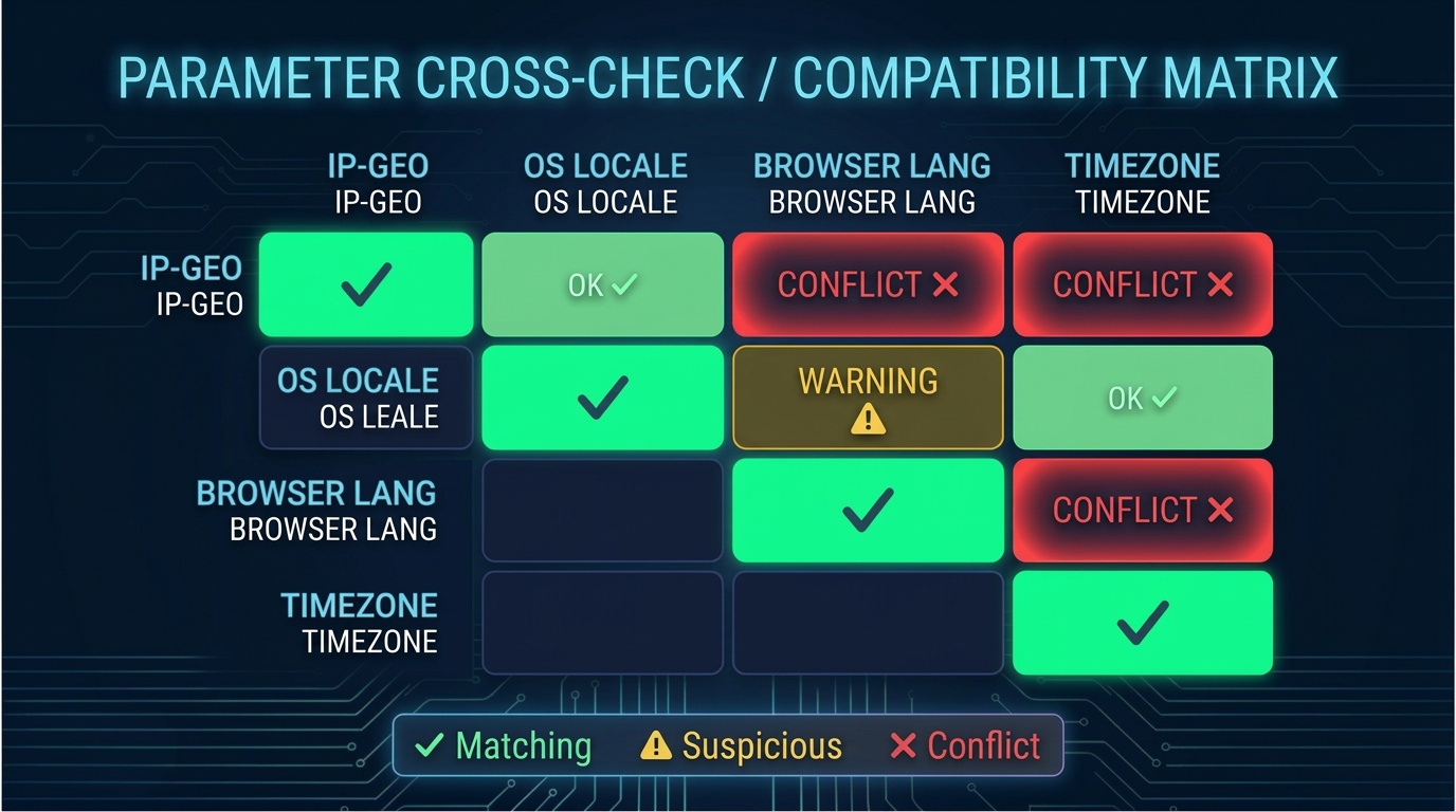 Consistency matrix: IP-Geo, OS Locale, Browser Lang, Timezone