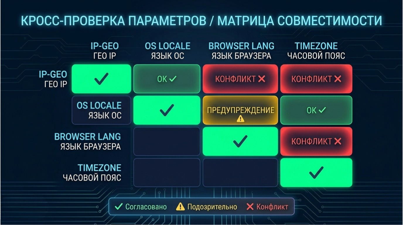 Матрица консистентности параметров: IP-Geo, OS Locale, Browser Lang, Timezone