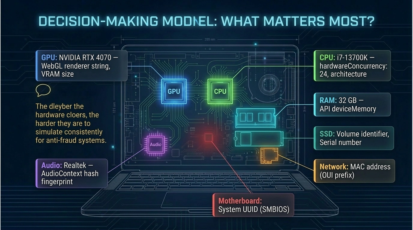 Device cross-section: GPU, CPU, audio chip, network — hardware fingerprints