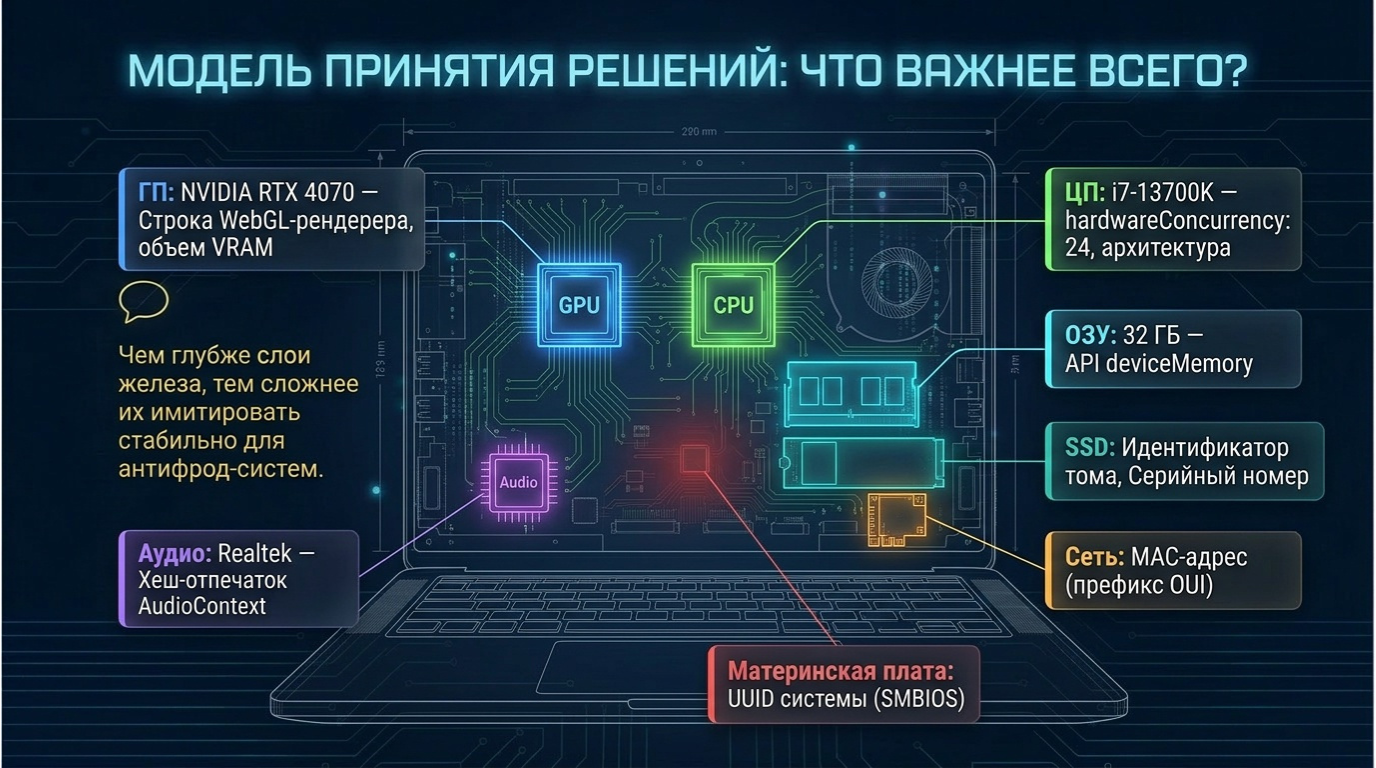 Устройство в разрезе: GPU, CPU, аудиочип, сеть — аппаратные отпечатки