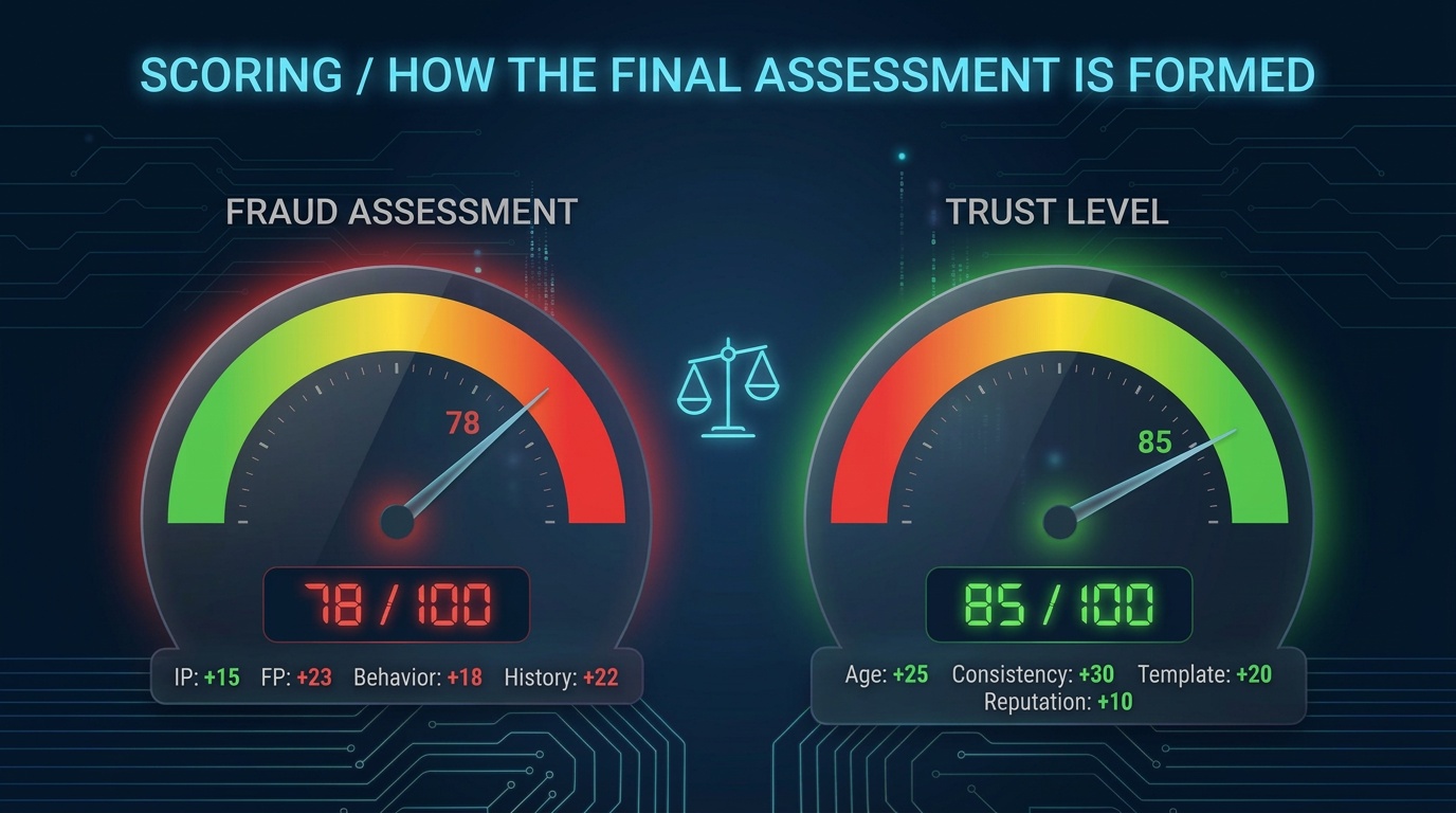 Dual gauge: Fraud Score (instant risk) and Trust Score (trust)