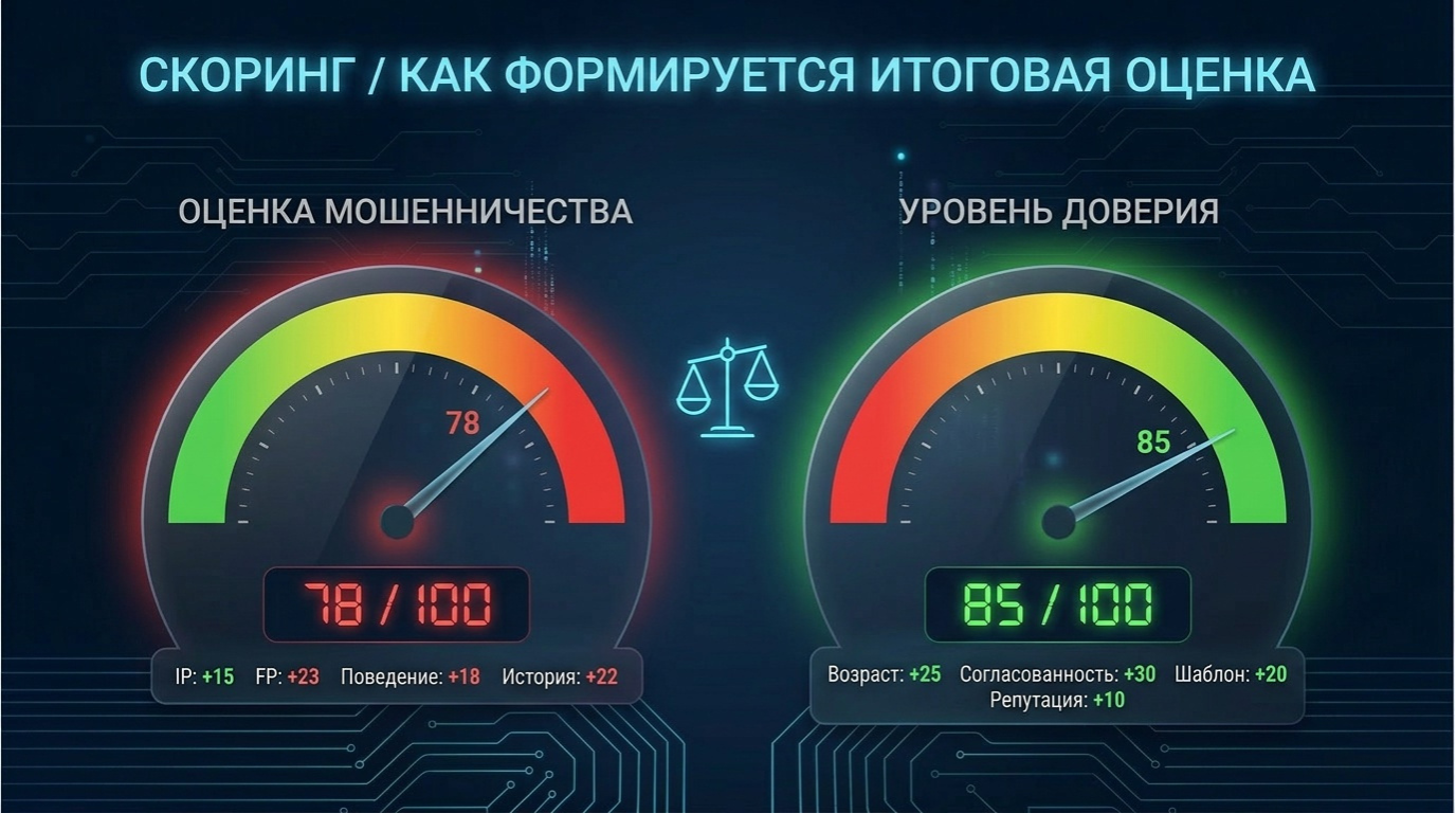 Двойной спидометр: Fraud Score (моментальный риск) и Trust Score (доверие)