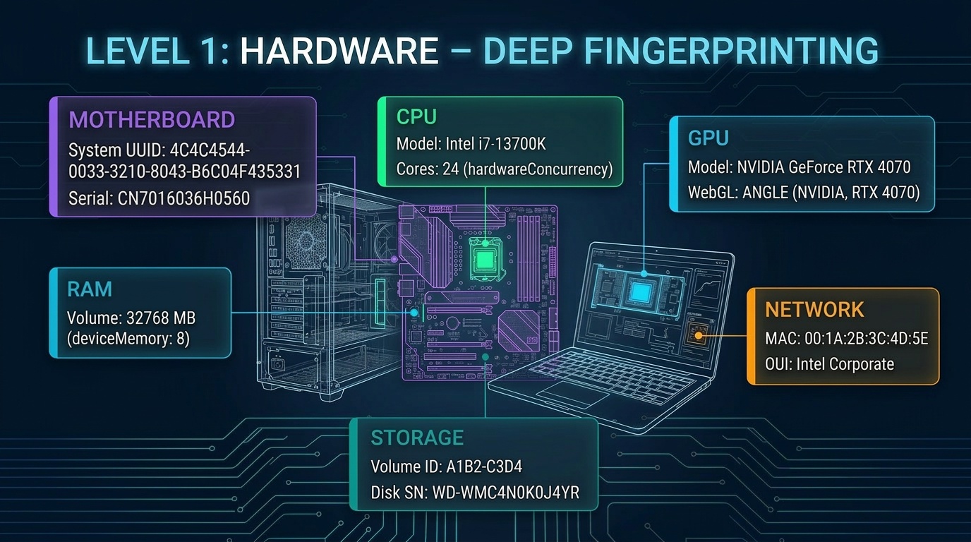 Hardware fingerprint layer: UUID, serial numbers, MAC, GPU