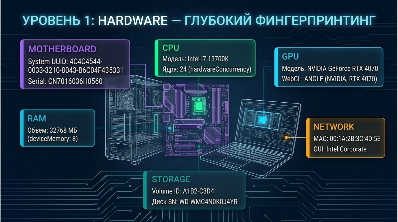 Hardware-слой отпечатка: UUID, серийные номера, MAC, GPU