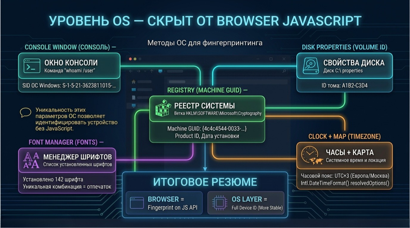 OS-слой отпечатка: SID, Volume ID, Machine ID, шрифты, часовой пояс