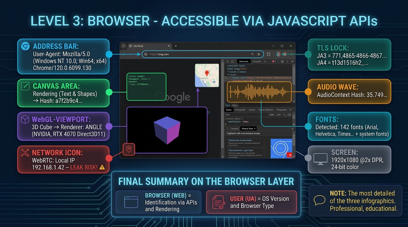 Browser layer: User-Agent, Canvas, WebGL, WebRTC, TLS, AudioContext, Fonts, Screen