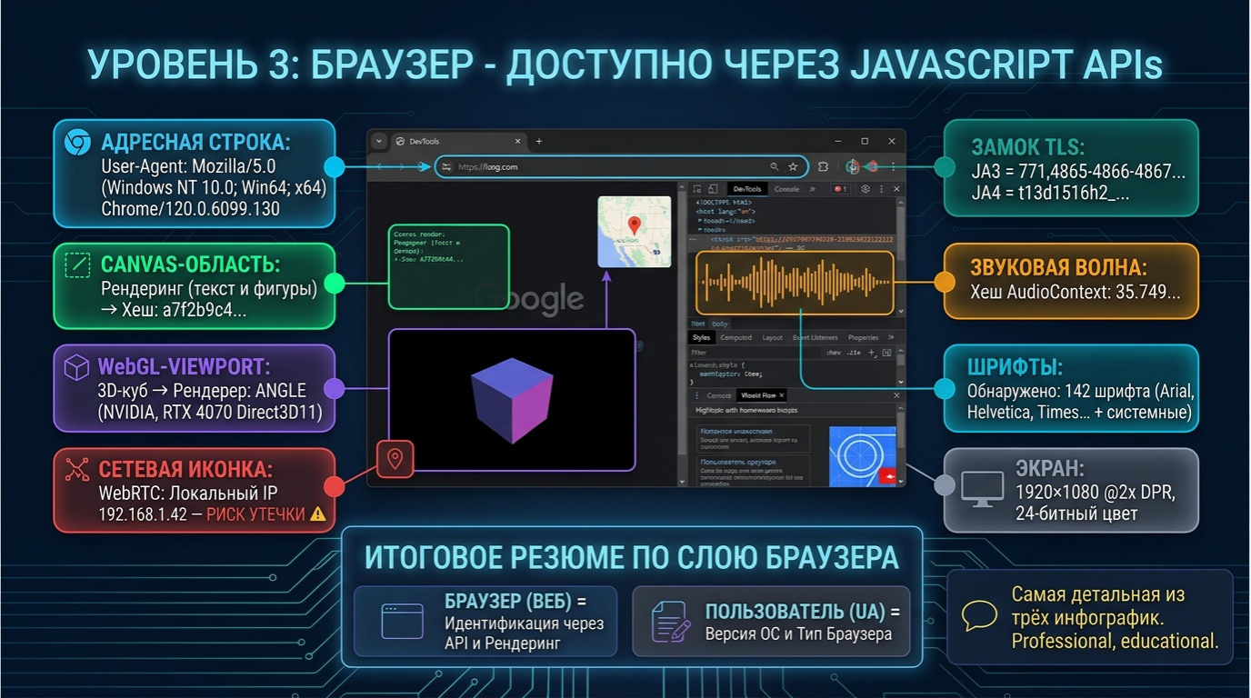 Browser-слой: User-Agent, Canvas, WebGL, WebRTC, TLS, AudioContext, Fonts, Screen