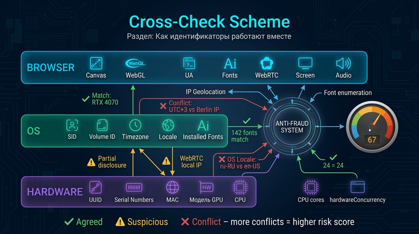 Cross-checks: Hardware - OS - Browser, green and red connections