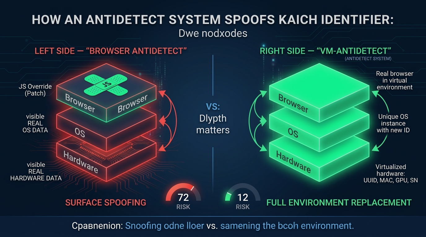 Two approaches: browser antidetect (top layer spoofing) vs VM (entire environment replacement)