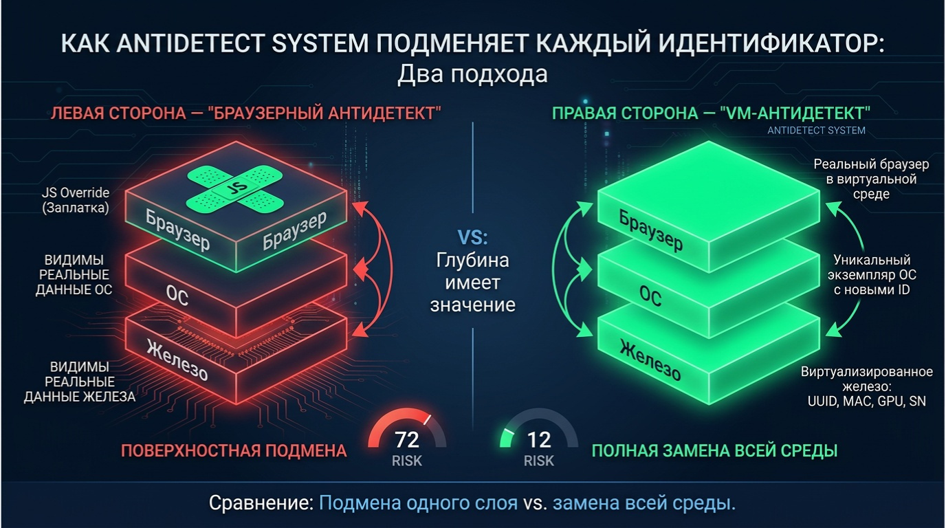 Два подхода: браузерный антидетект (подмена верхнего слоя) vs VM (замена всей среды)