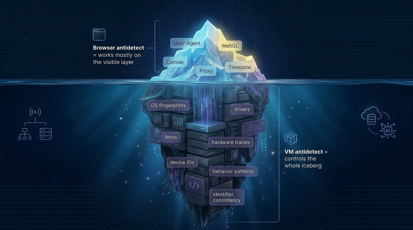 Digital fingerprint iceberg: browser antidetect vs VM