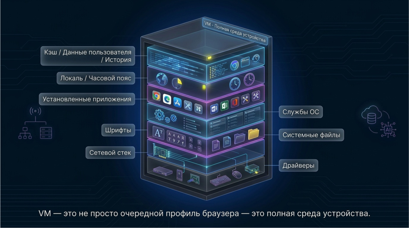 VM — это полная среда устройства, а не профиль браузера