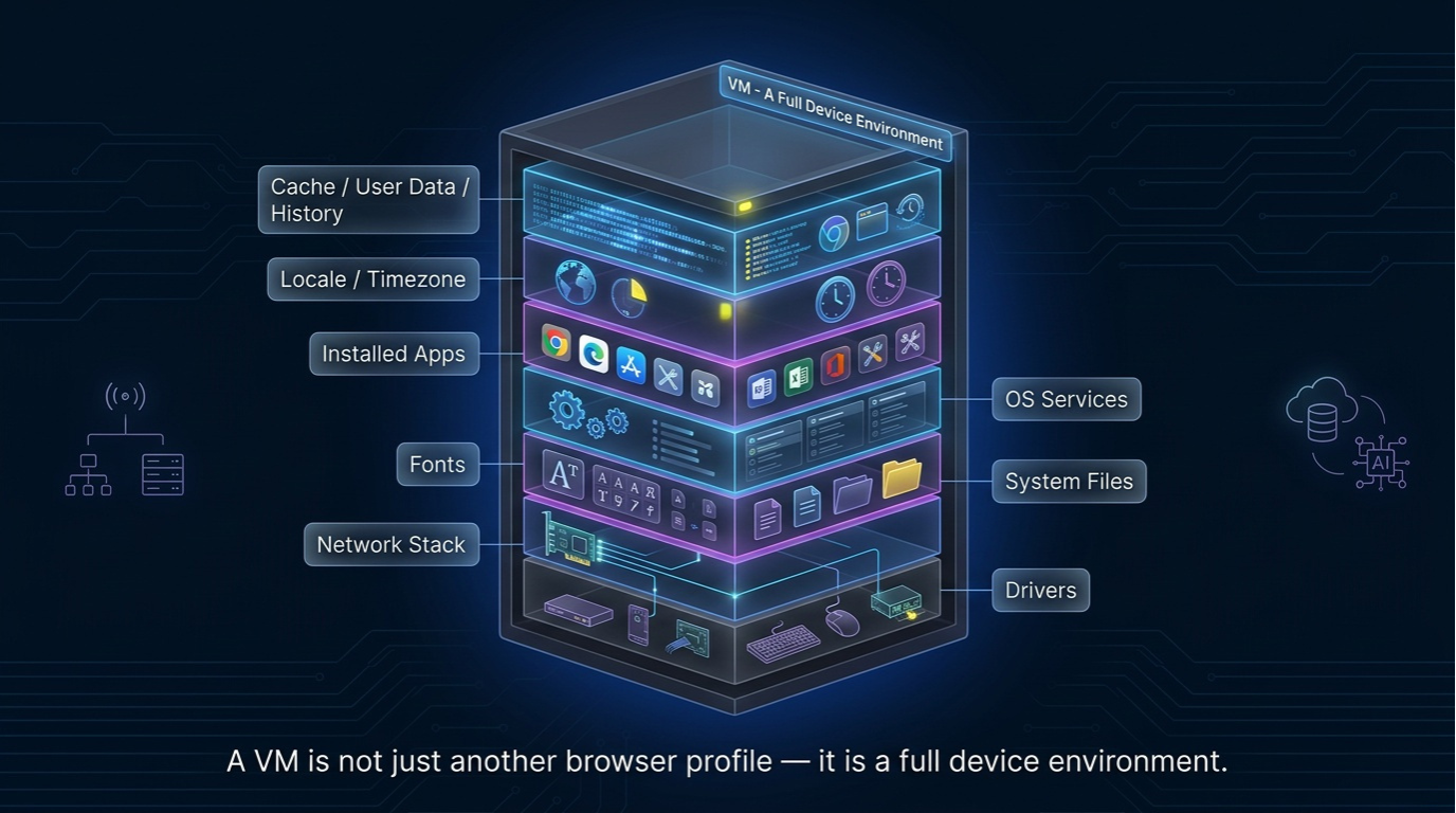 VM is a full device environment, not a browser profile