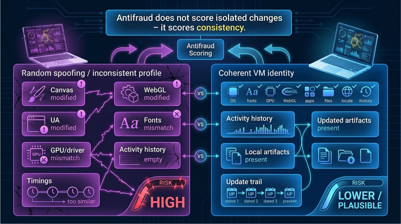 Fingerprint consistency: random spoofing vs holistic VM identity