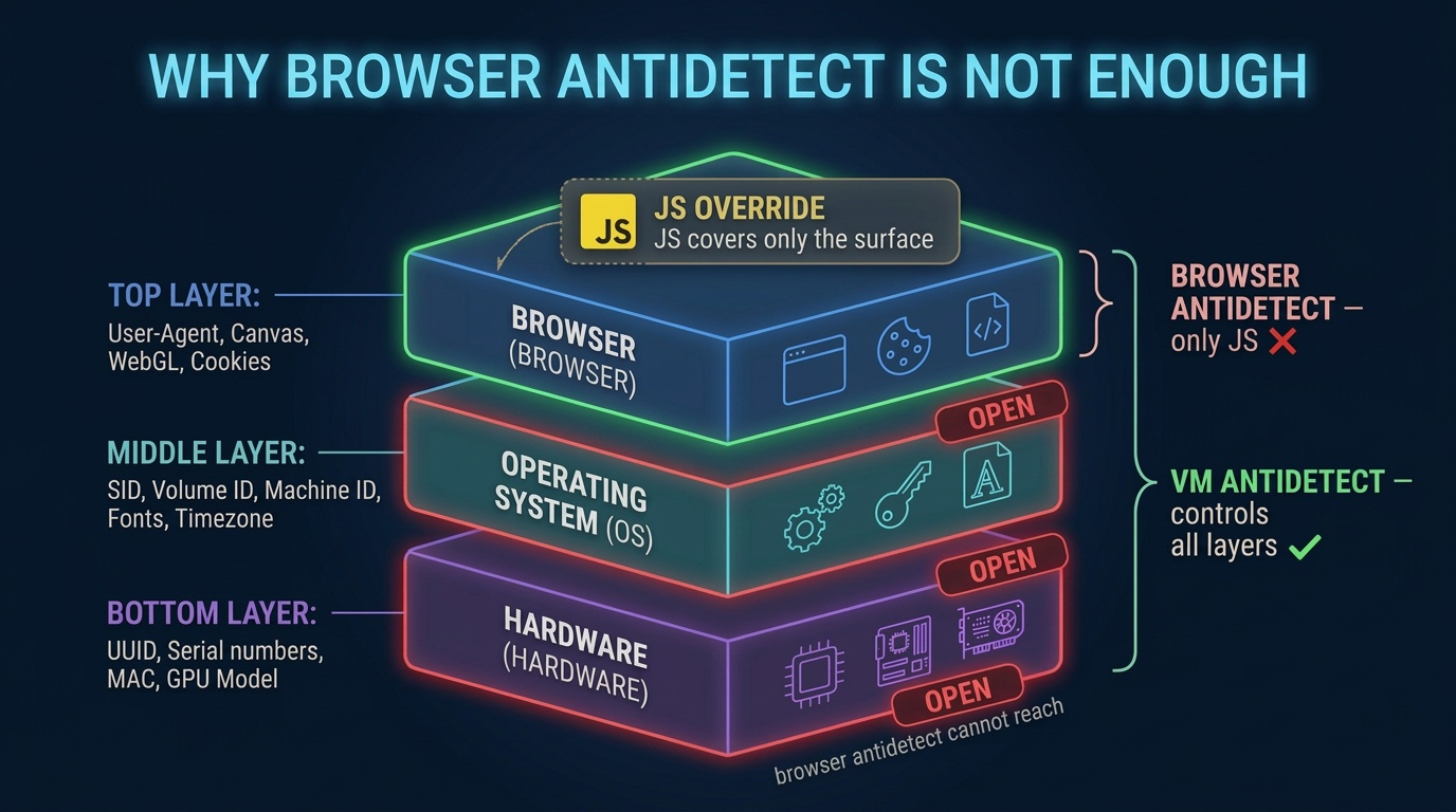 Three layers: Hardware - OS - Browser — why browser antidetect isn't enough