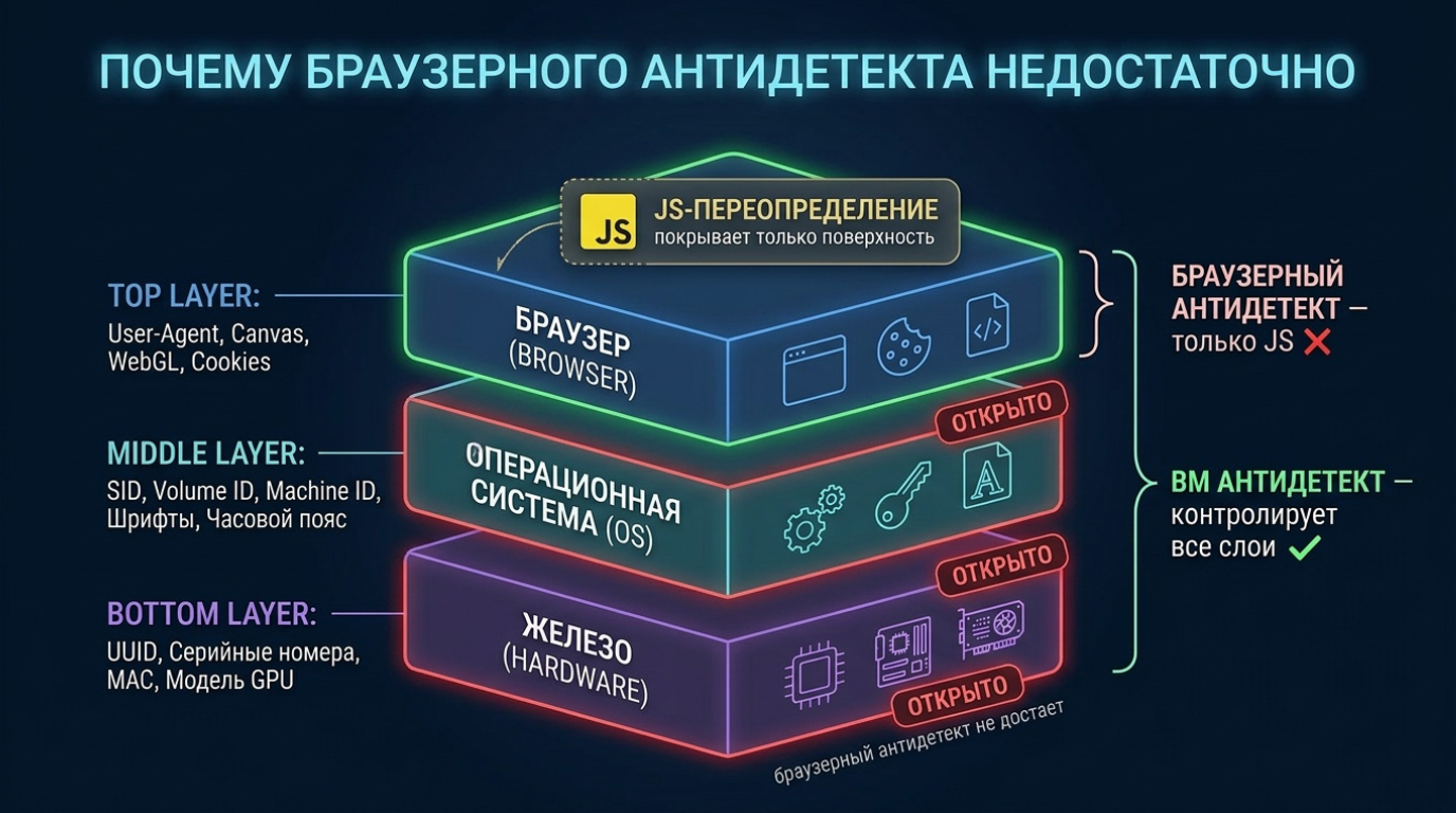 Три слоя: Hardware → OS → Browser — почему браузерного антидетекта недостаточно