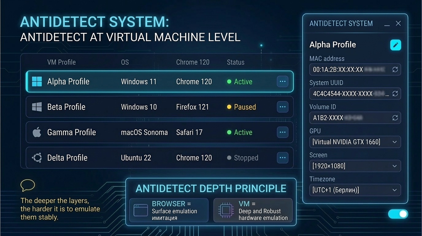 Antidetect System interface — virtual machine management panel