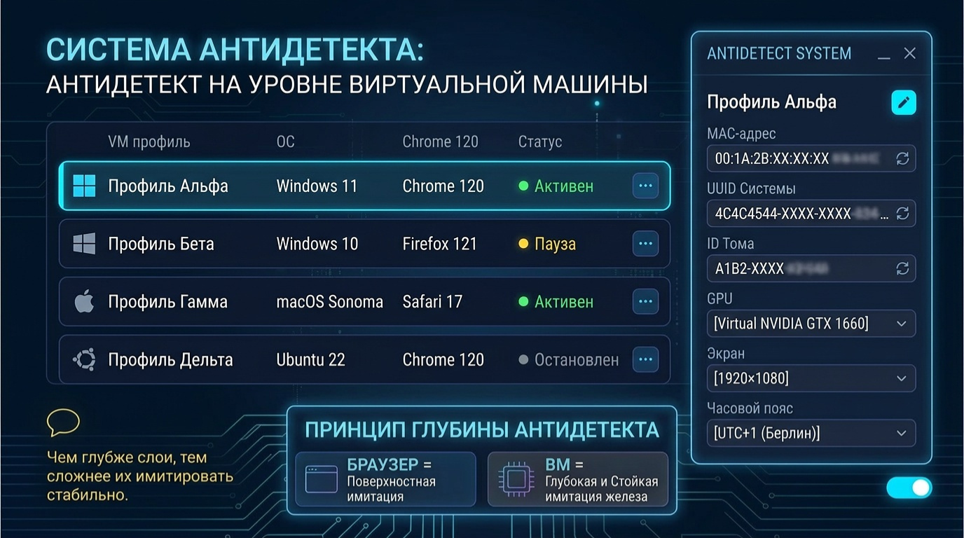 Интерфейс Antidetect System — панель управления виртуальными машинами