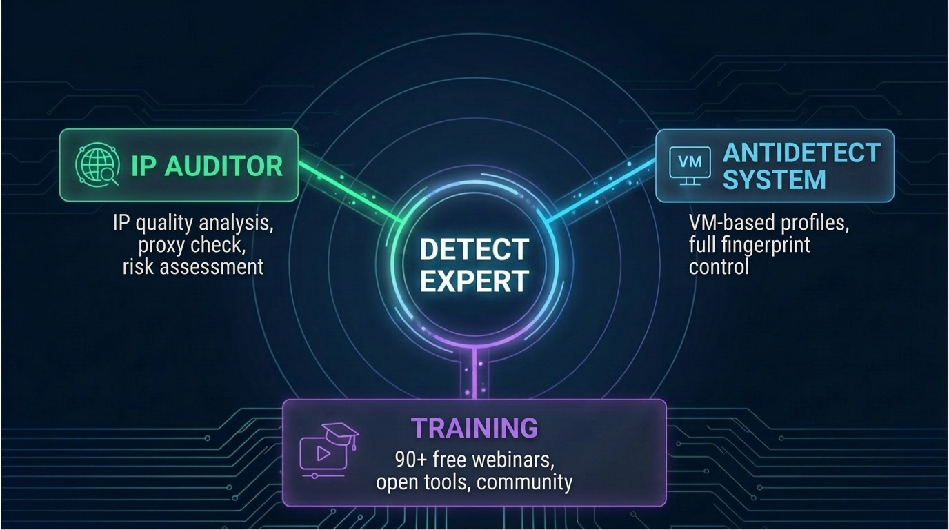 Detect Expert ecosystem: Antidetect System + IP Auditor + education