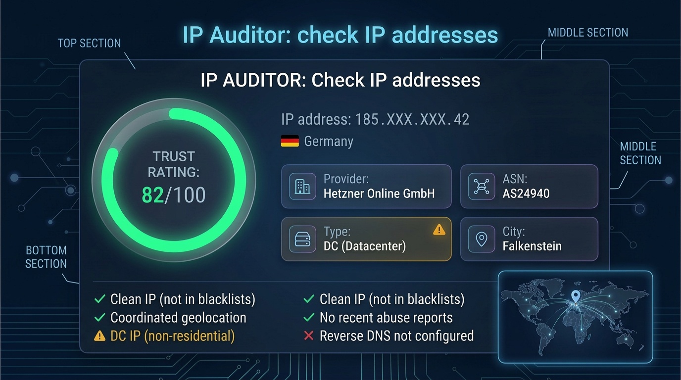 IP Auditor — IP address analysis: trust score, geolocation, risk flags