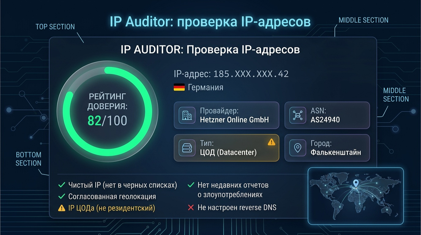 IP Auditor — анализ IP-адреса: trust score, геолокация, флаги риска