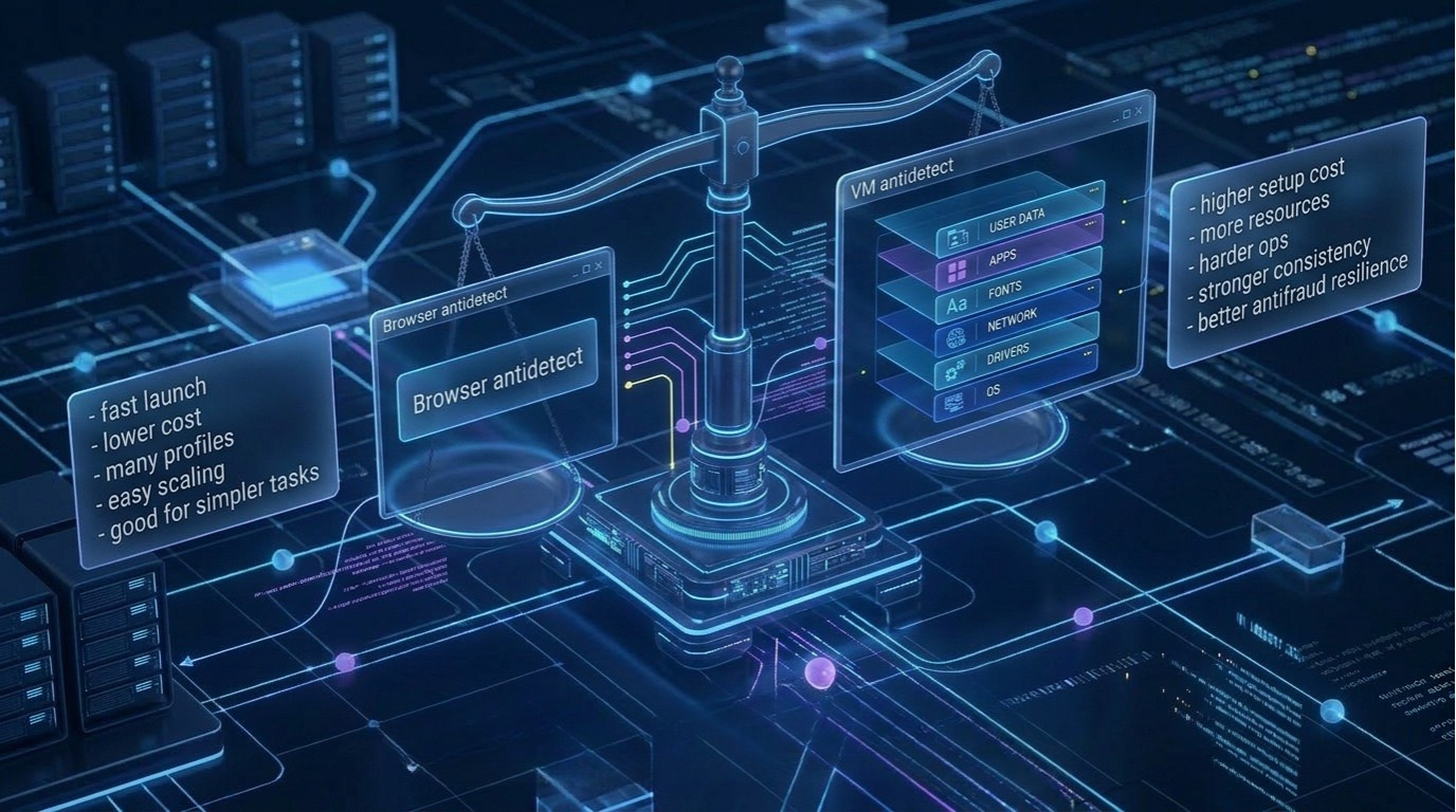 Scales: cost and complexity of browser vs VM antidetect