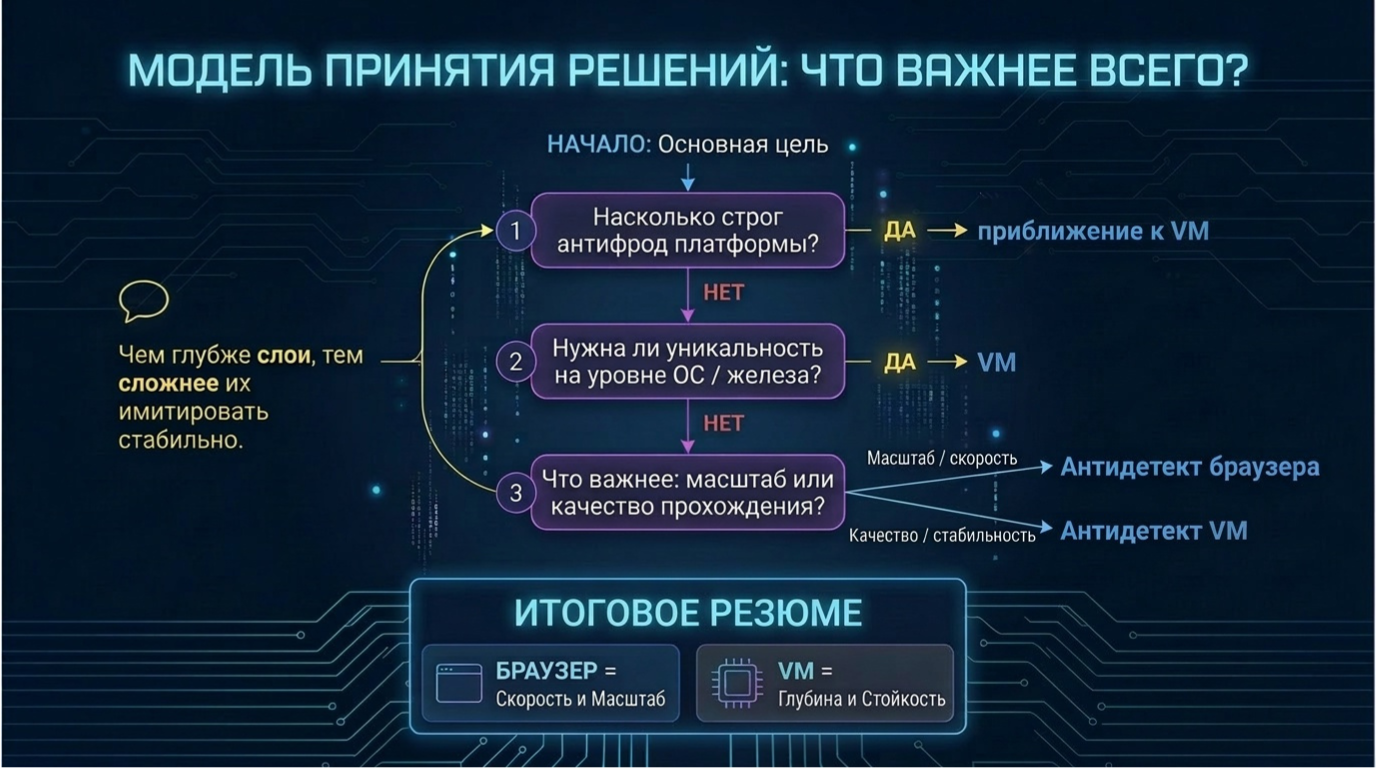 Модель принятия решений: браузерный антидетект или VM